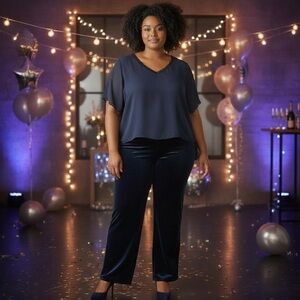 Coldwater Creek Women’s Plus Size 20 Top and Velvet Pants Matching Set Navy Blue